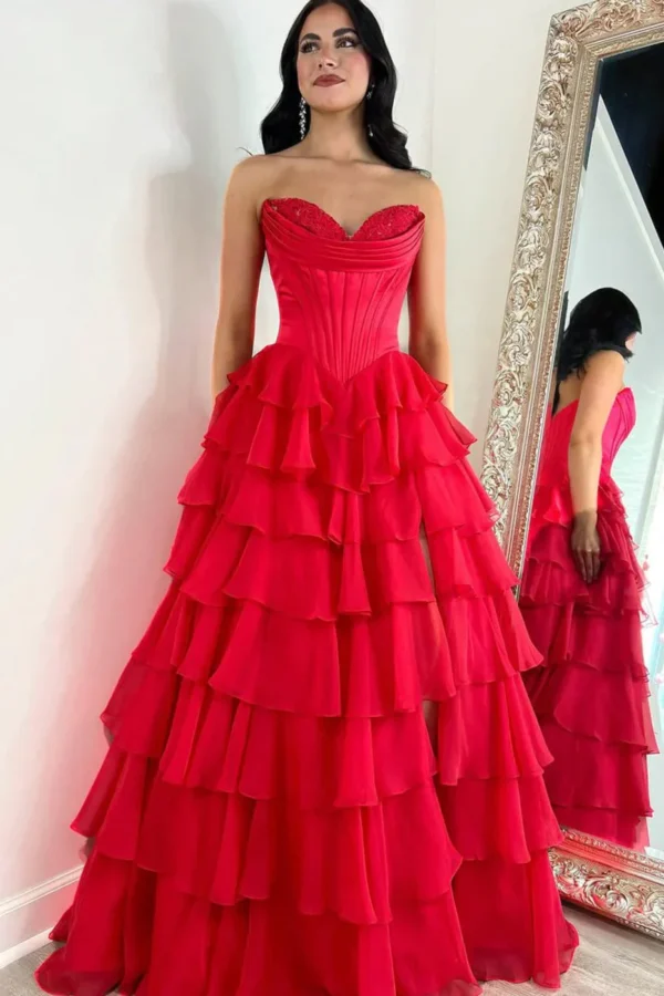 Strapless A-Line Ruffle Long Prom Dress With Split - Image 3