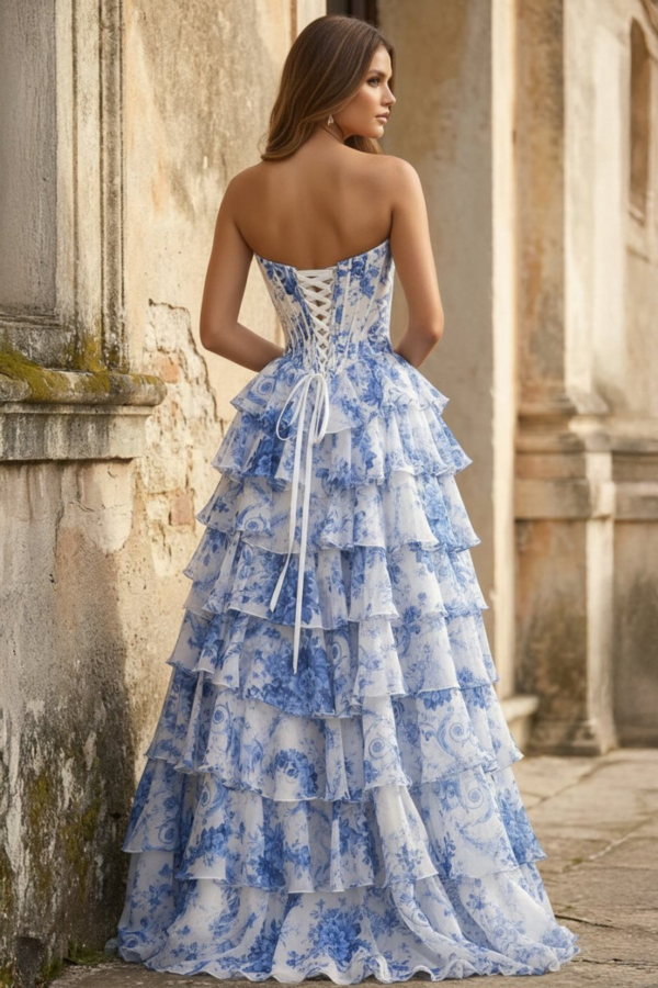 A Line Floral Blush Tiered Chiffon Long Corset Prom Dress with Slit - Image 2